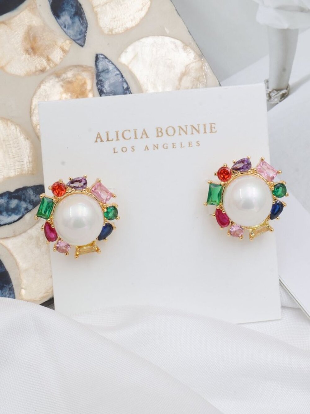 Alicia Bonnie Celina Pearl Multi Color Crystal Stud Earrings